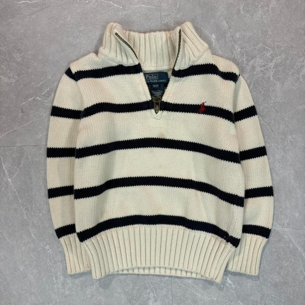 Polo Ralph Lauren navy + white striped quarter zip sweater Size 3 years #kids